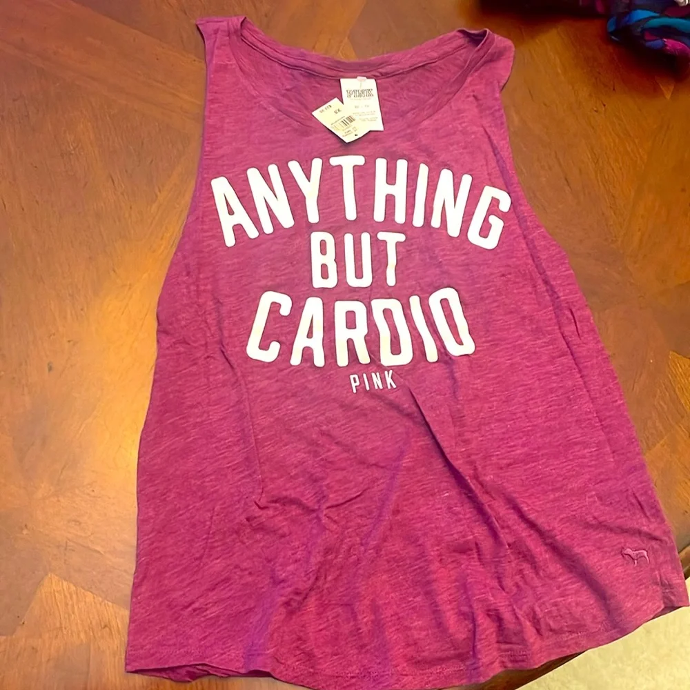 NWT PINK by Victoria’s Secret XS sleeveless workout shirt “Anything But Cardio” - Picture 1 of 4
